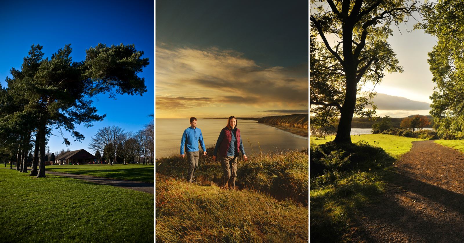 left to right - Chester-le-Street Riverside Park, couple walking on clifftop at Durham Coast and view of Derwent Waterside Park